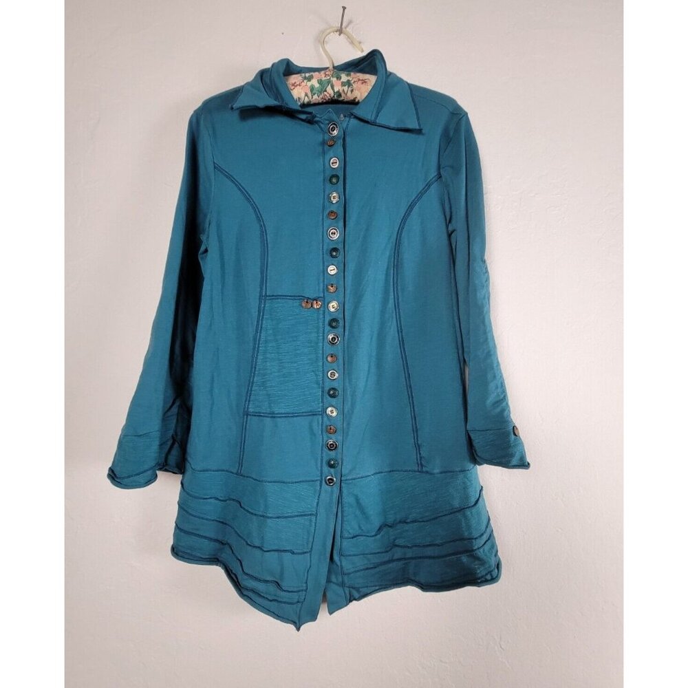 Neon Buddha Womens Small Blue Stretch Cotton Tunic Shirt Long Sleeve Artsy Boho